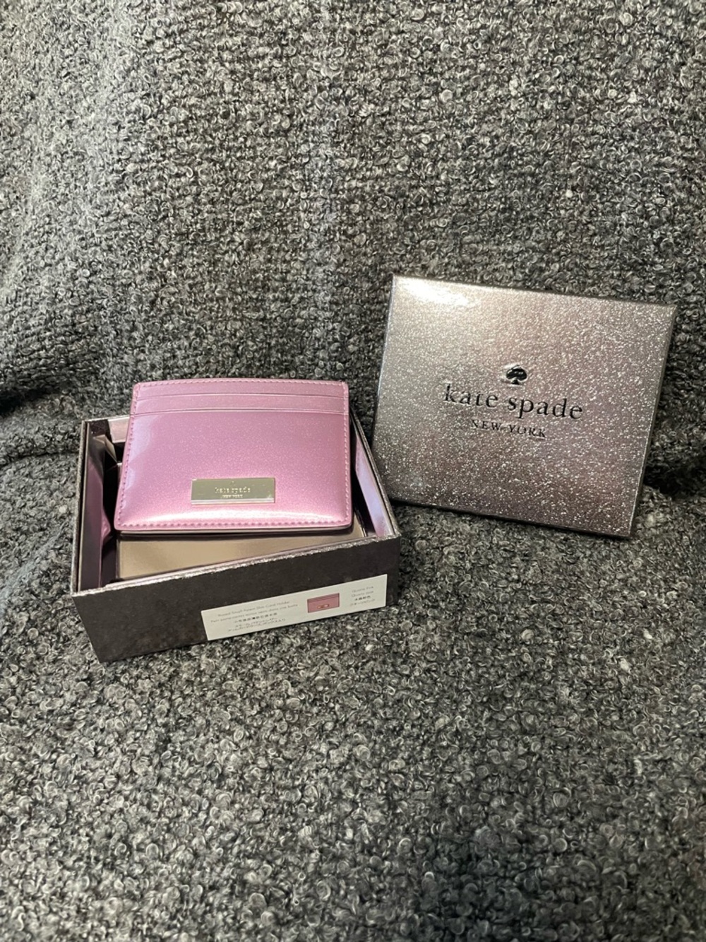 Kate Spade Metallic Quartz Pink Patent Card Case with Logo Plaque